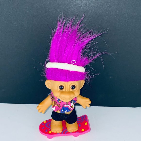 Russ Troll Doll Skateboarder Pink Hair Shorts Outfit Sweatband Toy Figure - Picture 1 of 4
